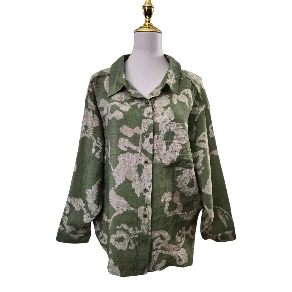Touche Green Abstract Camo Button Down Shirt 100% Viscose NWT Size‎ XL
